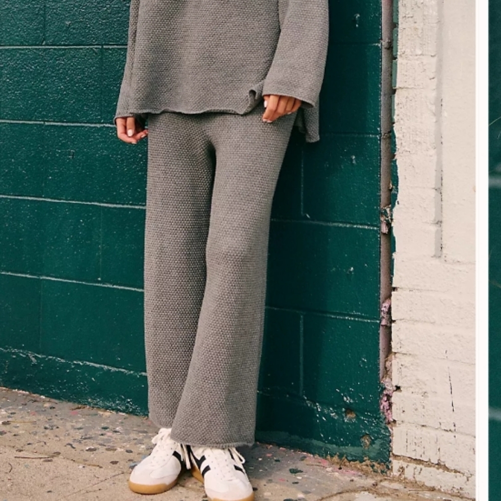 Free People Beach Sage Green Wide-Leg Waffle Knit Wide Leg Pants